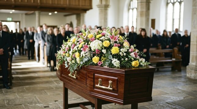Funeral casket adorned with a large bouquet of colorful flowers inside a church with mourners standing in the background