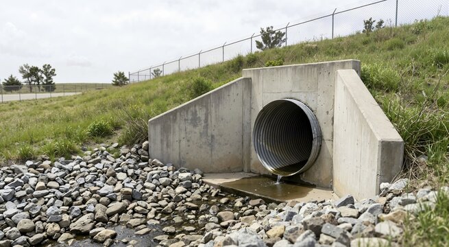 Corrugated metal storm water pipe outlet with a concrete headwall and rock riprap channel. Civil engineering drainage infrastructure on a grassy hillside