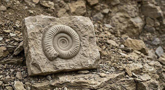 Large ammonite fossil embedded in a limestone slab. Prehistoric spiral shell resting on rocky ground. Paleontology and geology concept