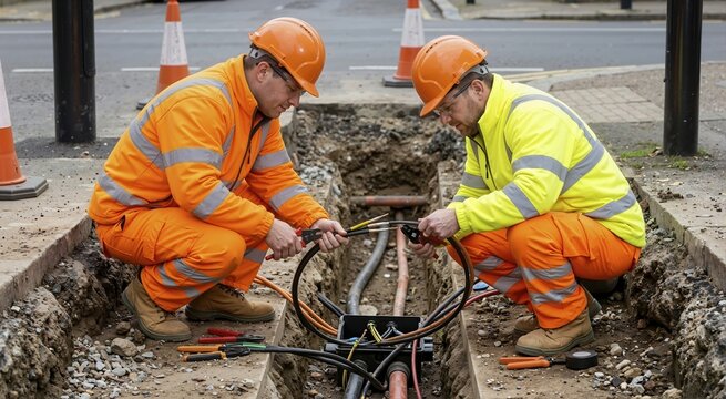 Electricians repairing underground electrical cables in a street trench. Construction workers splicing power lines in a junction box
