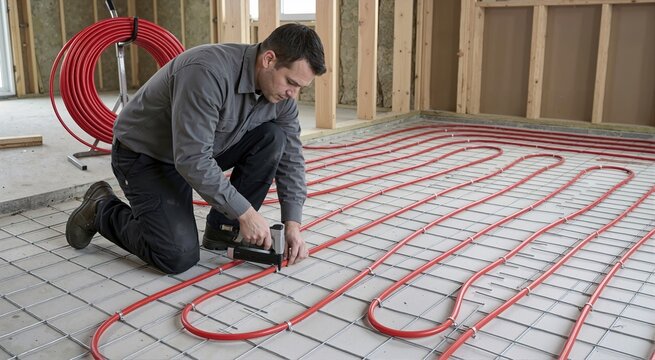 Man installing red PEX tubing for radiant floor heating on a wire mesh. Construction worker using a staple gun on a concrete floor. Residential underfloor heating system installation