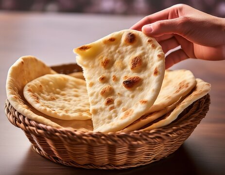 a close up of a hand pulling a piece of flatbread from a basket showing soft interior crisp edges and texture against a blurred neutral background