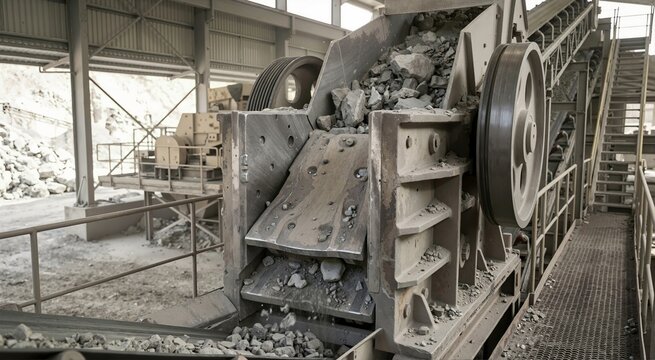 Heavy industrial steel jaw ore crusher processing rocks. Mining equipment with conveyor belt in aggregate production facility
