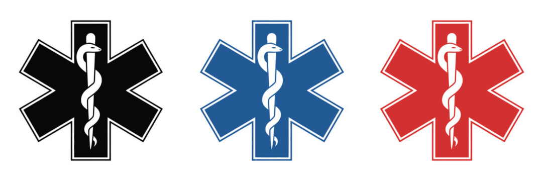 Star of Life EMS vector icons featuring Rod of Asclepius medical symbol, emergency healthcare, ambulance service, rescue identification, and professional emergency response design.