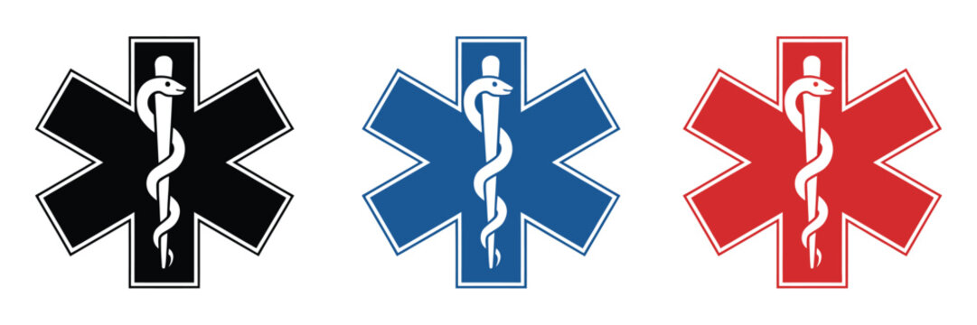 Star of Life EMS vector icons featuring Rod of Asclepius medical symbol, emergency healthcare, ambulance service, rescue identification, and professional emergency response design.