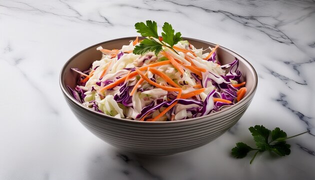 coleslaw with cabbage ribbons arranged artfully white marble surface elegant presentation