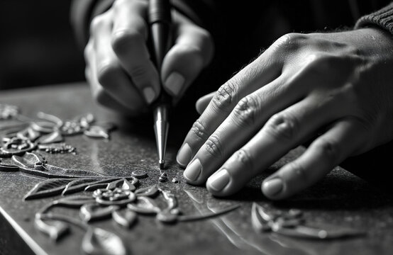 Craftsman carves flower pattern on polished granite gravestone. Closeup hands hold engraving tool, working on memorial stone art. Skilled laborer makes detailed gravestone design.