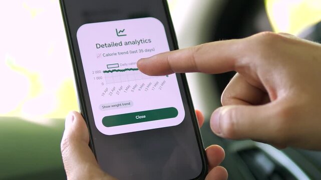 User examining a 35-day calorie trend graph. The data reveals a consistent and stable daily intake. Ideal for fitness analytics, long-term health planning, and dietary pattern recognition stock