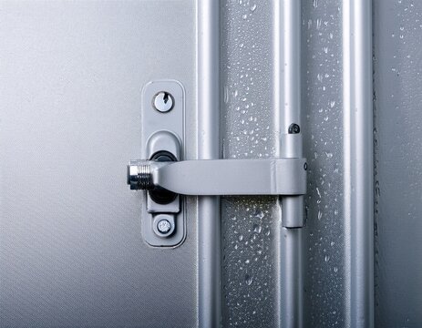 refrigerated container door close up cold chain cargo container silver locking bar white metal surface soft light condensation droplets rubber seal shipping container industrial door storage unit