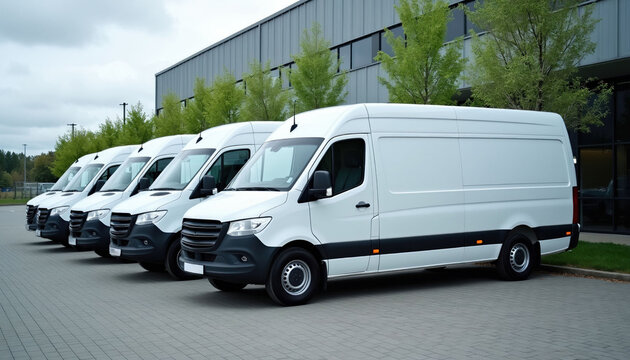 Line of white delivery vans parked outside modern warehouse building. Vans wait for cargo shipment and departure. Logistics fleet ready for distribution.