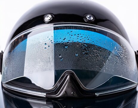 water droplet clear visor motorcycle helmet rain closeup glossy surface