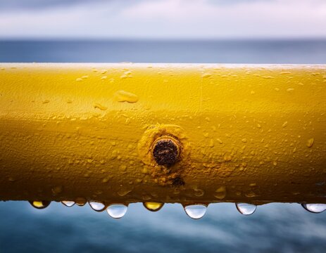 yellow pipe rain droplet rust spot industrial railing offshore rig misty background harsh daylight macro detail metal surface wet texture