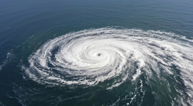 Aerial view of a massive hurricane swirling over the ocean. Extreme weather system with counterclockwise cloud circulation and a clear eye. Natural disaster and meteorology concept