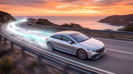 Naklejka premium Futuristic electric car driving on coastal road. Modern EV vehicle with motion light trails.