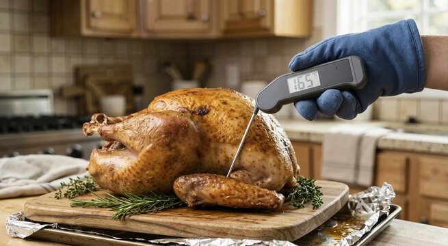 Checking the temperature of a roasted turkey with a digital meat thermometer. Hand in a blue oven mitt ensuring safe cooking temperature for a holiday dinner