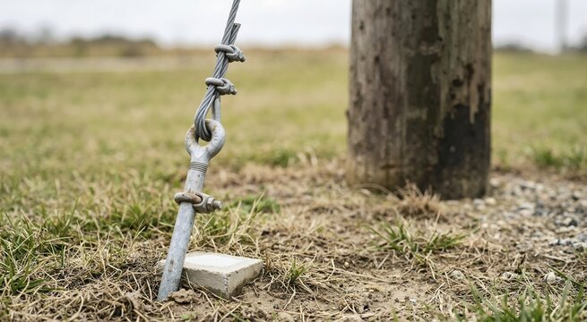 Close up of a metal guy wire anchored in the ground supporting a wooden utility pole. Industrial hardware and steel cable tension