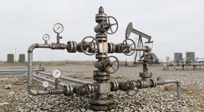 Close up of oil wellhead christmas tree valves and gauges. Petroleum extraction equipment with pumpjack in background
