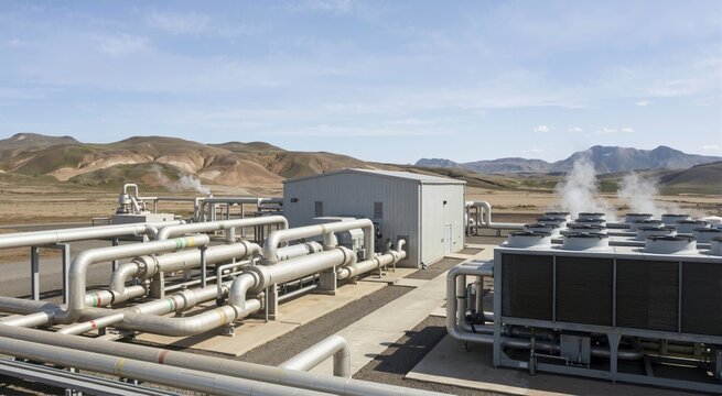 Geothermal binary cycle power plant in a mountainous landscape. Industrial facility with pipes and cooling towers emitting steam. Renewable energy generation infrastructure