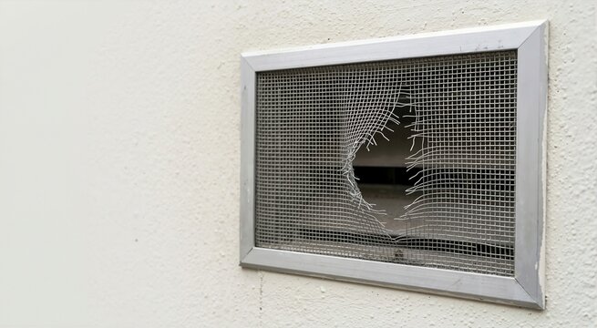 Damaged metal ventilation grate with a large torn hole in the wire mesh screen on a white wall. Building exterior needing maintenance and repair