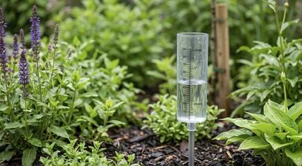 Obraz premium Clear plastic rain gauge filled with water in a lush green garden. Measuring cylinder with millimeter and inch markings surrounded by wet plants and purple flowers after rainfall