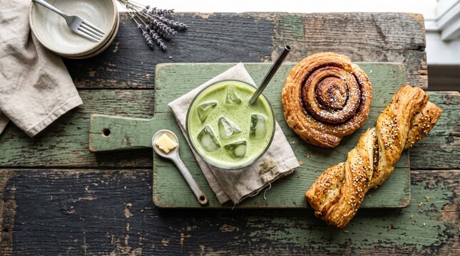 Refreshing iced green matcha latte served on wooden board with cinnamon swirl pastry and sesame bread twist for morning snack time.