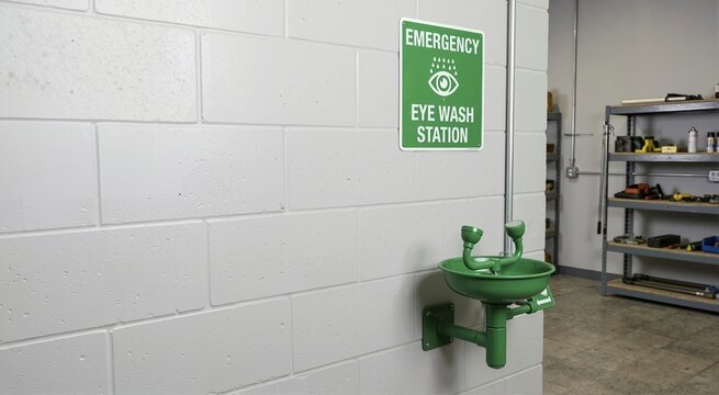Green emergency eyewash station mounted on a white cinderblock wall. Industrial safety equipment and sign in a workshop or laboratory