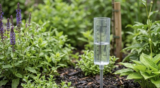 Clear plastic rain gauge filled with water in a lush green garden. Measuring cylinder with millimeter and inch markings surrounded by wet plants and purple flowers after rainfall