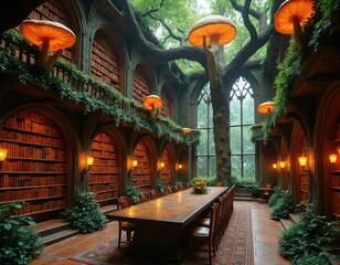 Obraz premium Grand fantasy library interior built inside living tree structure. Majestic wooden arches frame shelves filled with antique books. Glowing mushrooms provide soft ambient light across wooden floor.