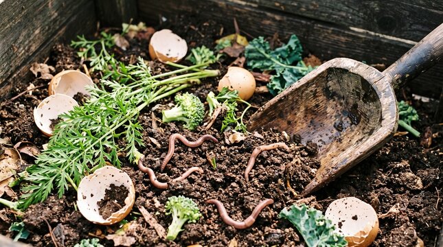 A close up of a compost bin with soil, organic waste, and red wiggler worms with a wooden shovel.