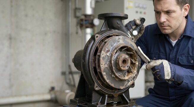 Male technician inspecting a corroded water pump impeller with a flashlight. Industrial mechanic cleaning rusty metal machinery parts with a wire brush. Equipment maintenance concept