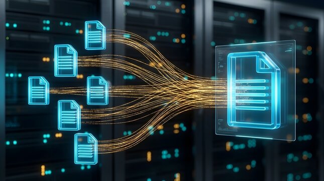 Dynamic visualization of digital data flow, merging multiple files and documents into a single, comprehensive report for analysis in a futuristic server room.