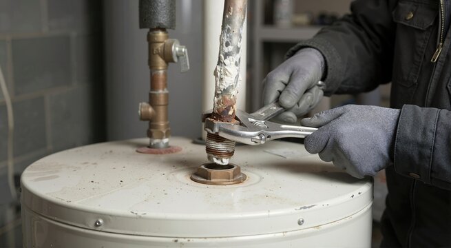 Plumber using a wrench to remove a heavily corroded anode rod from a water heater. Home appliance maintenance and plumbing repair