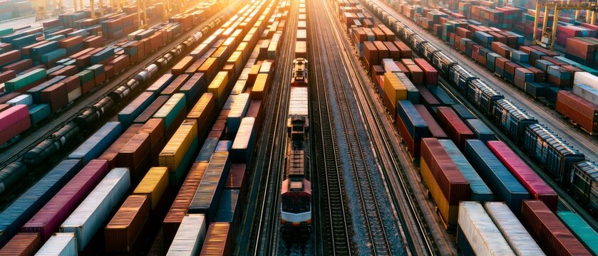 Trains move through a busy cargo yard at sunset with stacked containers all around