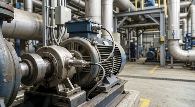 Close-up of a vibration sensor on a rotating industrial electric motor. Condition monitoring of heavy machinery in a manufacturing plant