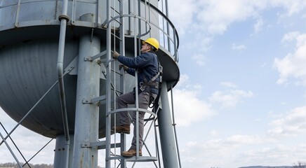 Fototapeta premium Male worker in safety harness and yellow hard hat climbing a metal ladder on a large grey water tower. Industrial maintenance and inspection of municipal utility infrastructure