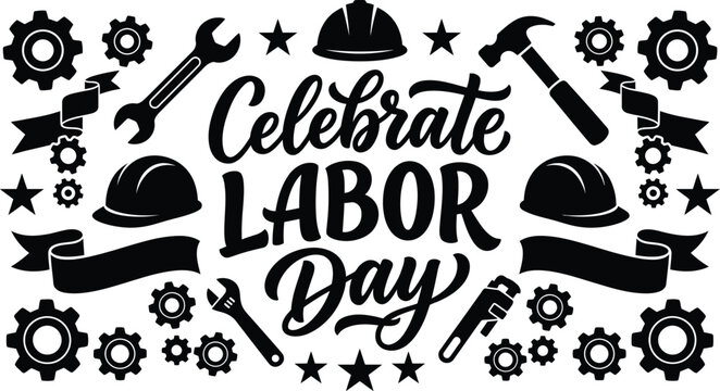 Labor Day Celebration Graphic with Tools and Hardhats