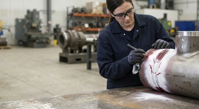 Female technician performing dye penetrant testing on a welded steel pipe fitting. Quality control inspection revealing red cracks in a manufacturing workshop