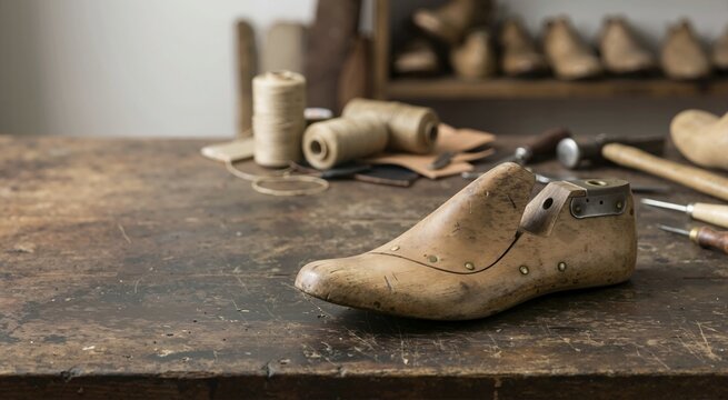 Vintage wooden shoe last on scratched workbench in cobbler workshop. Traditional shoemaker tools and materials on desk
