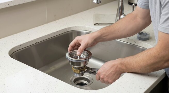 Plumber installing a stainless steel drain basket strainer in a kitchen sink. DIY home improvement and plumbing repair