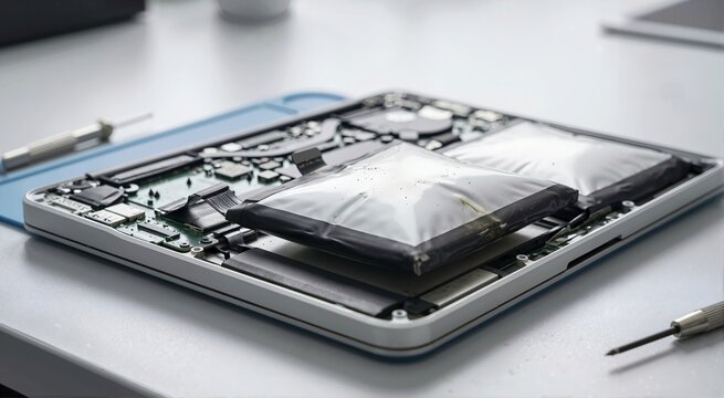 Swollen lithium battery inside an open laptop computer. Dangerous hardware failure and fire hazard. Electronics repair and maintenance concept with precision tools