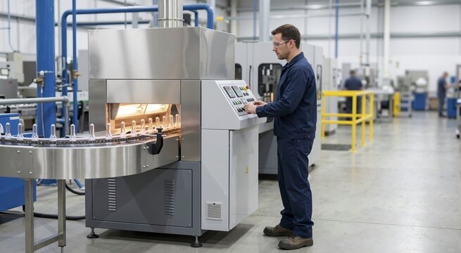 Factory worker operating a plastic bottle preform heating machine. Man at control panel monitoring clear pet preforms on a conveyor belt in a manufacturing plant