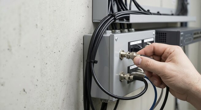 Technician hand connecting coaxial cable to junction box. BNC connector for security camera system installation on concrete wall
