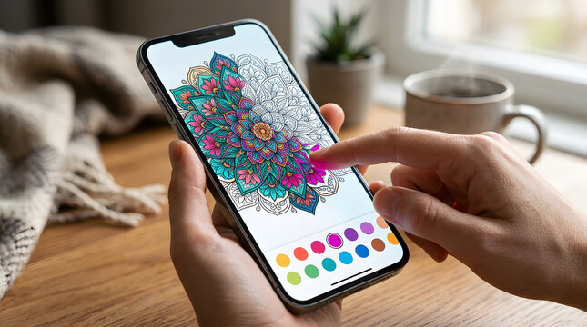 Creative Mobile Coloring Application Featuring Colorful Mandala Design for Relaxation, Meditation and Artistic Expression