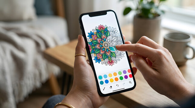 Digital Mandala Coloring App on Smartphone with Relaxing Art Therapy, Creative Drawing and Interactive Mobile Experience