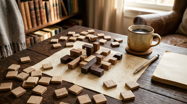 Wooden Brain Teaser Puzzle on Rustic Table with Coffee, Books and Cozy Workspace for Logic and Problem Solving