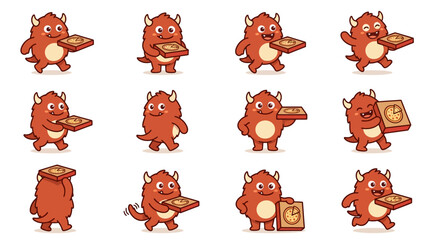 Cute orange monster mascot delivering fresh pizza boxes.