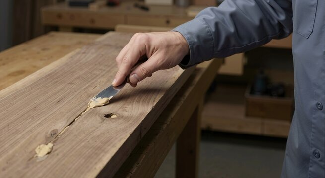 Woodworker applying wood filler into a crack on a wooden board. Close up of a hand using a metal putty knife to spread paste on timber. Carpentry and furniture restoration process