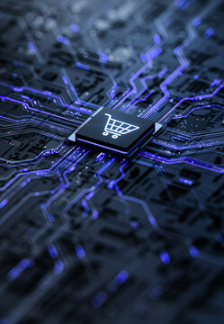 Online Shopping Technology Concept with Digital Cart Icon on Microchip