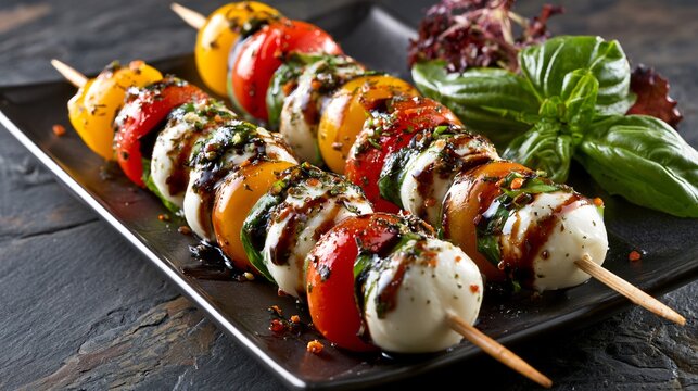 A Caprese skewer platter positioned at the edge of a vast limestone slab leaving dramatic negative space for advertising campaigns