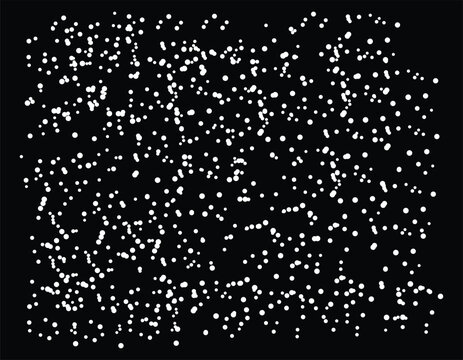 Abstract texture of many small white glowing dots scattered randomly on a deep black background isolated on transparent background, Vector